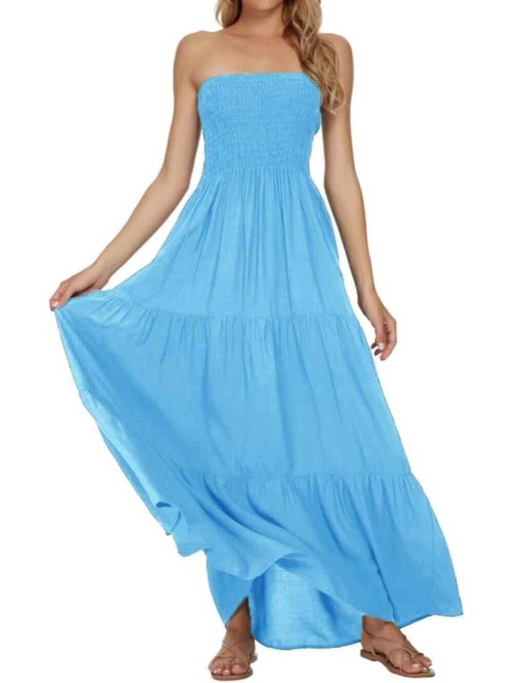 Women's Light Blue Stylish Tube Top Off Shoulder Boho Beach Long Maxi Dress